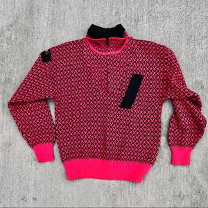 Vtg Obermeyer Pink Black Geometric Wool Blend Ski Sweater 1/4 Zip Mens Med